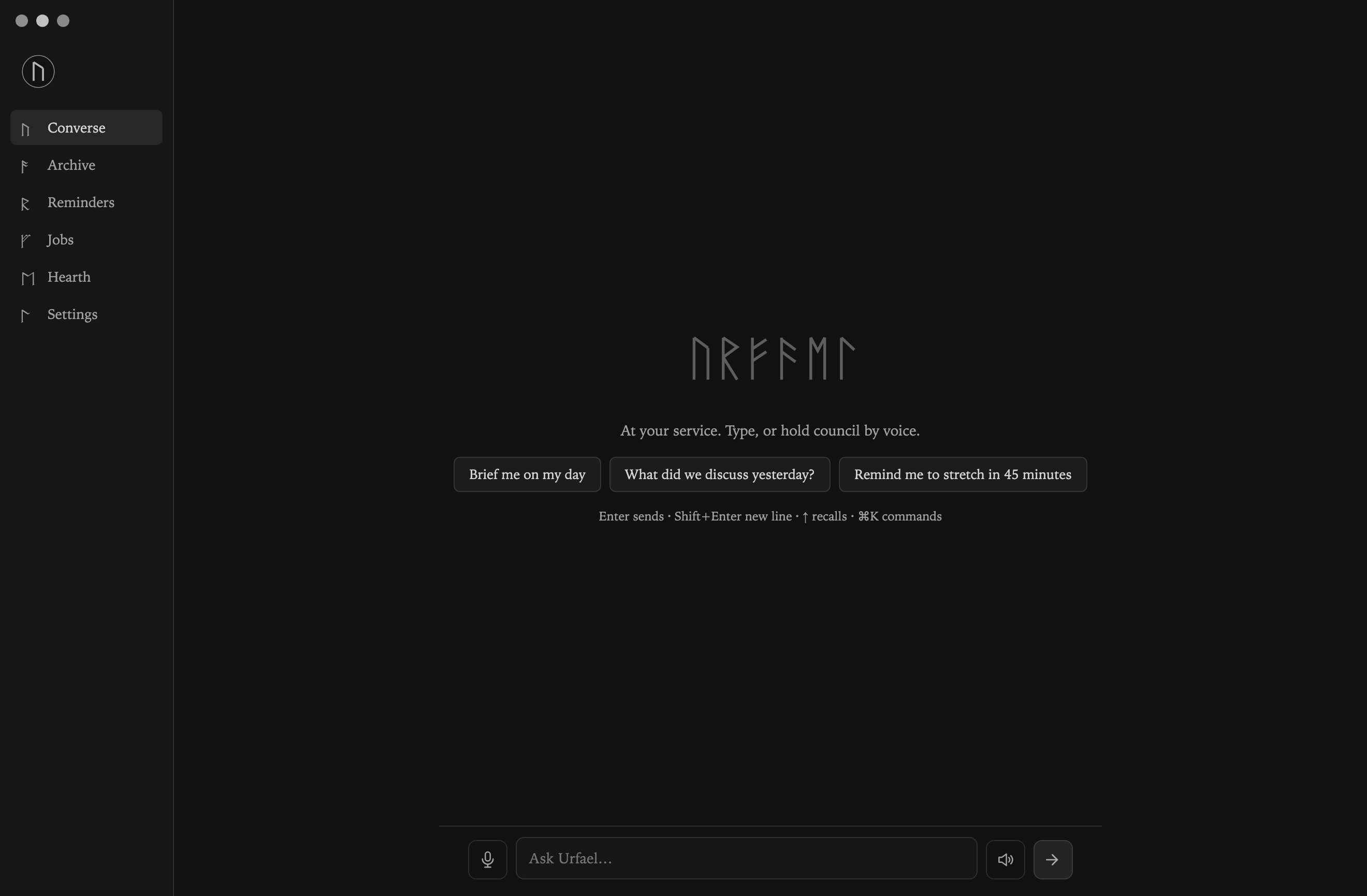 Urfael Console with chat, voice input, reminders, jobs, and settings