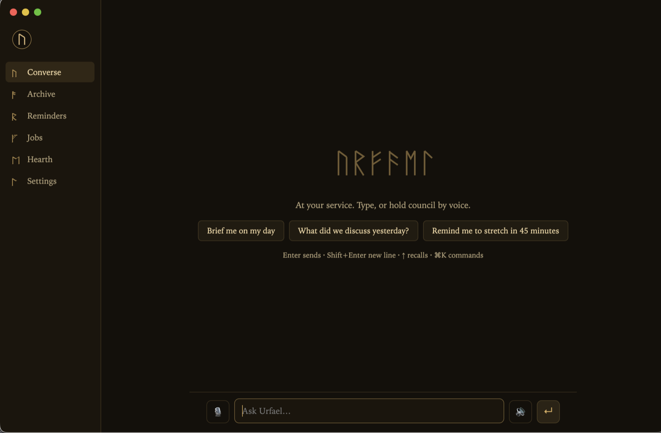 The Urfael Console, a gold-on-dark desktop app